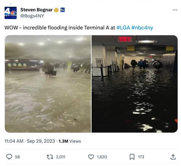 纽约市发闪洪警报 洪水淹机场
