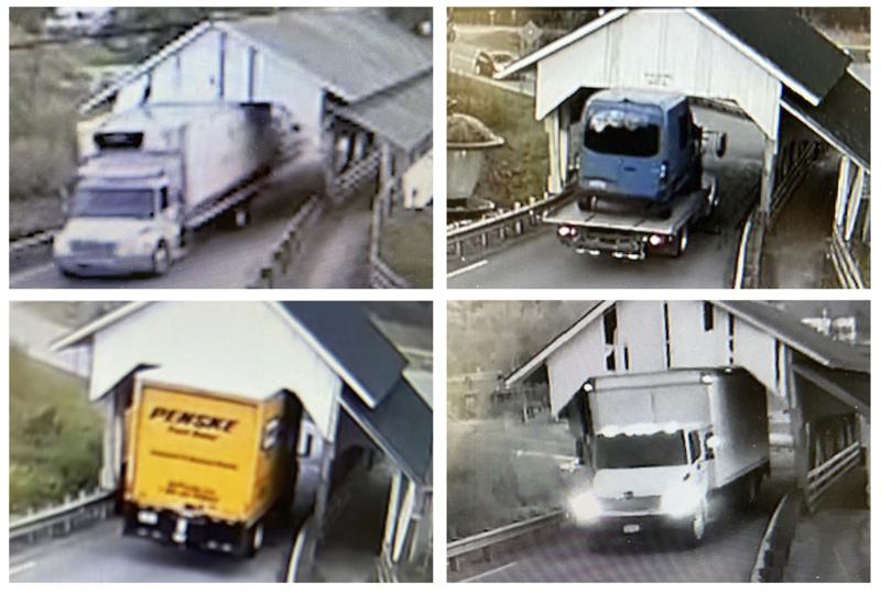 Security cameras captured the roofs of various large trucks colliding with the Miller Road Covered Bridge in Linden, Vermont. Associated Press