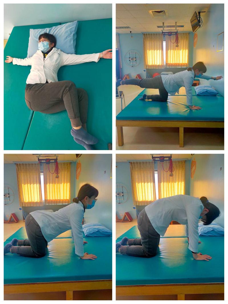 民眾久坐容易腰痠背痛，物理治療師建議加強核心肌群運動。圖／部立桃園醫院提供