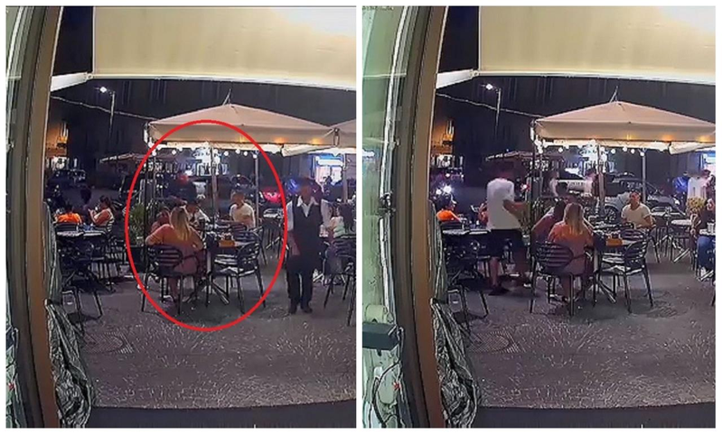 義大利那不勒斯日前發生持槍歹徒搶走外國遊客的手表（圖左紅圈），但同夥（圖右白衣男）不到10分鐘後跑回來物歸原主，甚至還跟他道歉。（取材自Twitter@Francesco Borrelli）