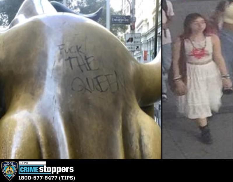 華爾街銅牛遭塗「該死的女王」，嫌犯遭市警通緝。(市警提供)