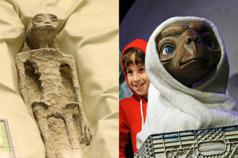 墨西哥國會在一場聽證會上展示據稱「非人類」遺骸(左)，引發網路討論熱潮。右為電影「E.T.外星人」劇照。(路透、Getty Images)