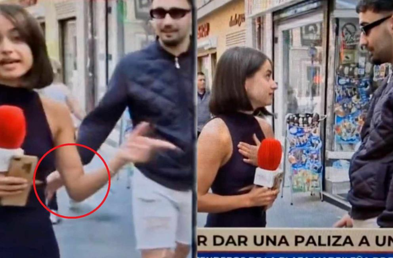 西班牙一名女記者日前在馬德里街頭直播時，突遭一名陌生男子摸臀騷擾。(取材自X平台)