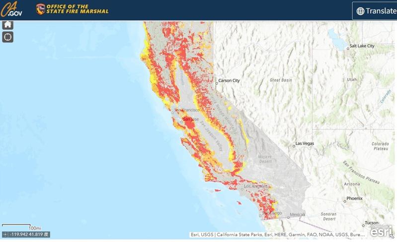 加州野火風險區域圖。（取自加州森林暨消防廳網站）