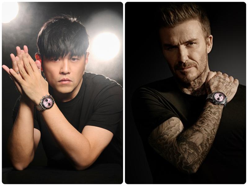 Jay Chou (left) and Beckham both wear Tudor's new pink Black Bay watches.  (Picture...